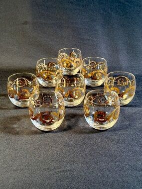 Set of 8 Vintage Cera  22K Gold Scroll Roly Poly Lowball Cocktail Glasses MCM